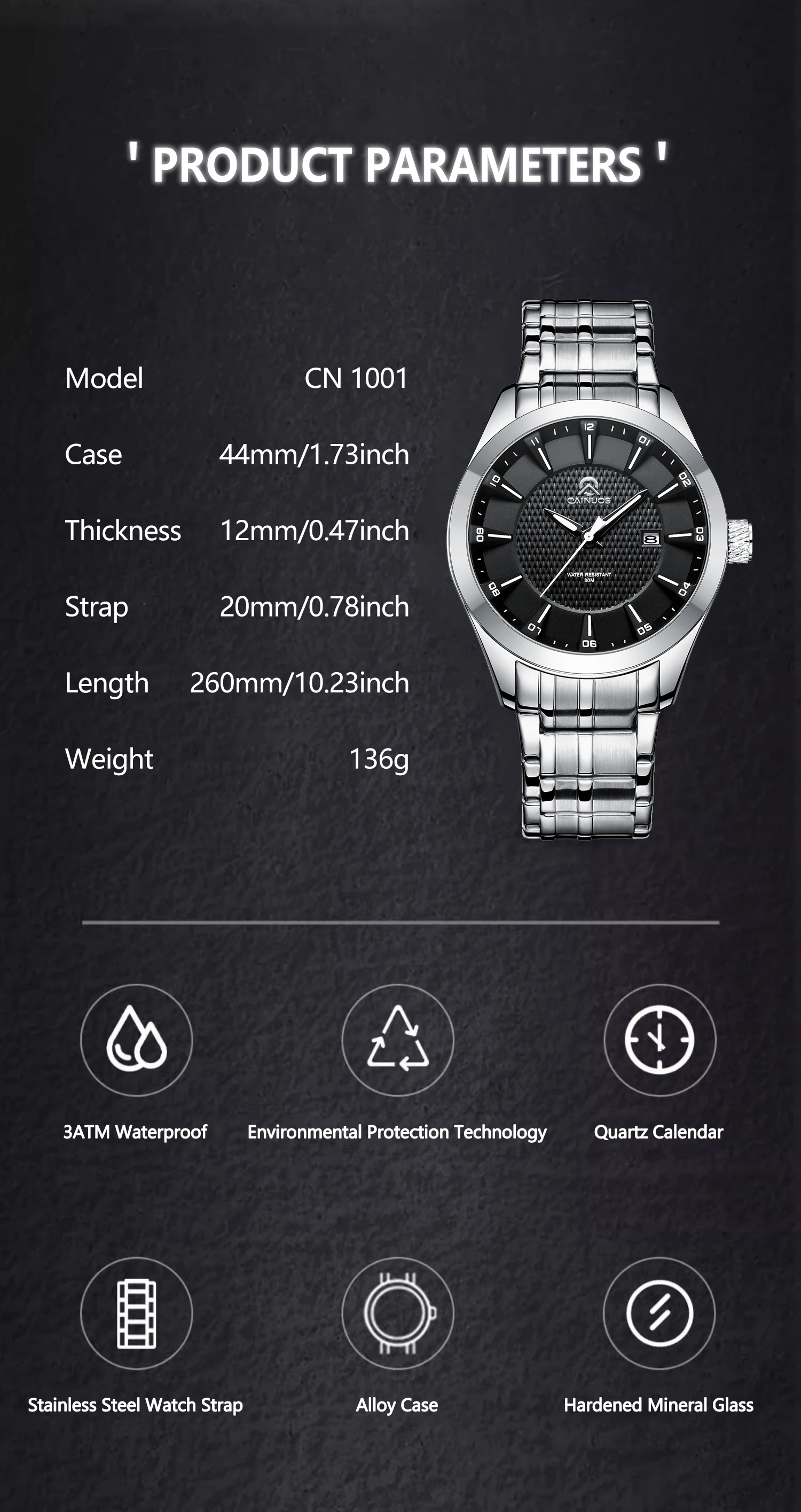 Men\'s Military Quartz Watch Silver Stainless Steel Band Outdoor Waterproof Sports Date Calendar Chronograph CAINUOS