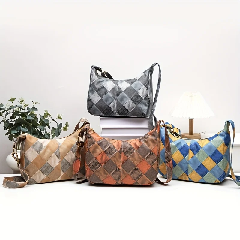 

Женская винтажная сумка через плечо с цветовыми блоками, многофункциональная сумка-тоут с ромбовидным узором, большая вместительная сумка-тоут, 1 шт.