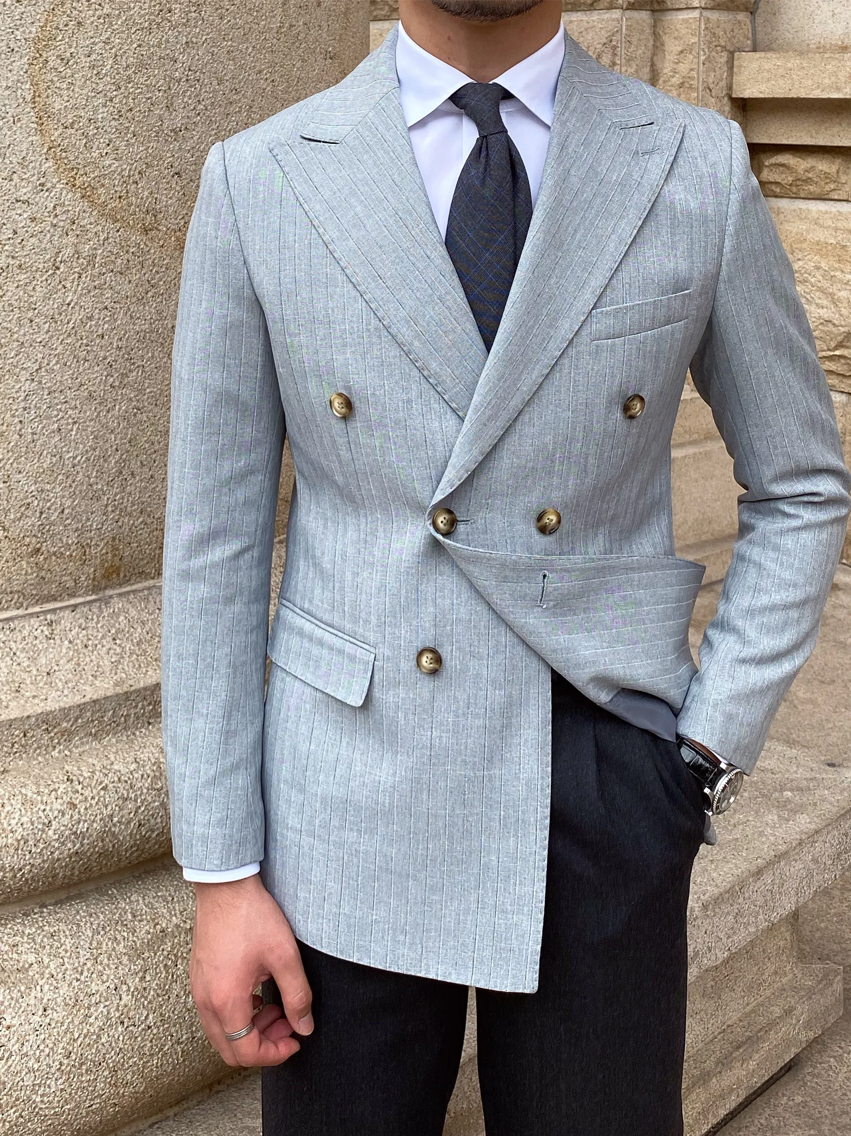 

Мужской приталенный пиджак в деловом стиле с двубортной застежкой, модный, из смесового полиэстера, для офиса