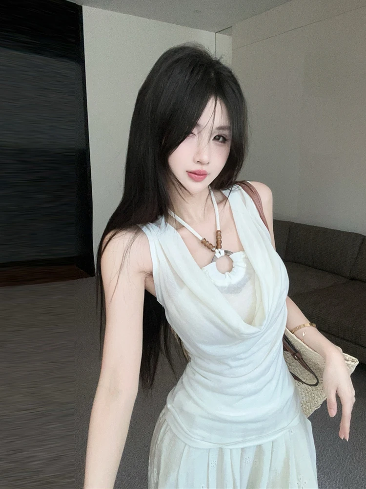 

Slimming Off-Shoulder Gathered Neckline Beaded Hanging Necklace Sleeveless Vest Women's Fashion Summer Casual Knitted Top