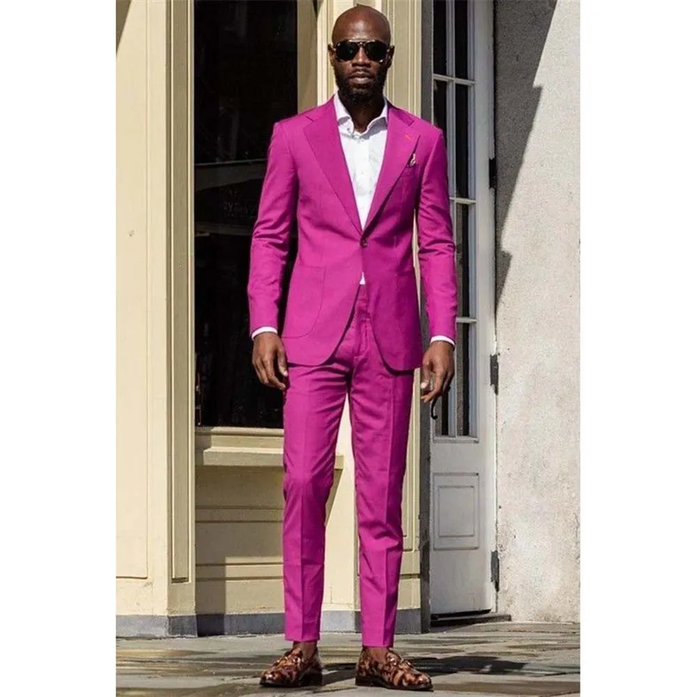 

Luxury Rose Red Men's Suits Single Button 2 Pieces Jacket Pants Blazers Sets Slim Fit Smart Banquet Business Male Clothing