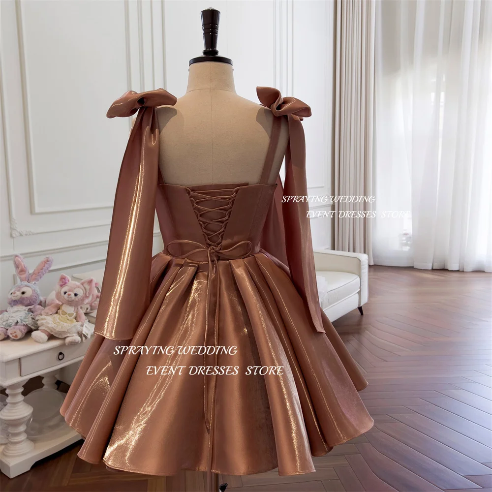 스프레이 짧은 갈색 커피 실크 댄스 파티 드레스 Bowknot 스트랩 미니 아랍어 여성 미국 저녁 공식 가운