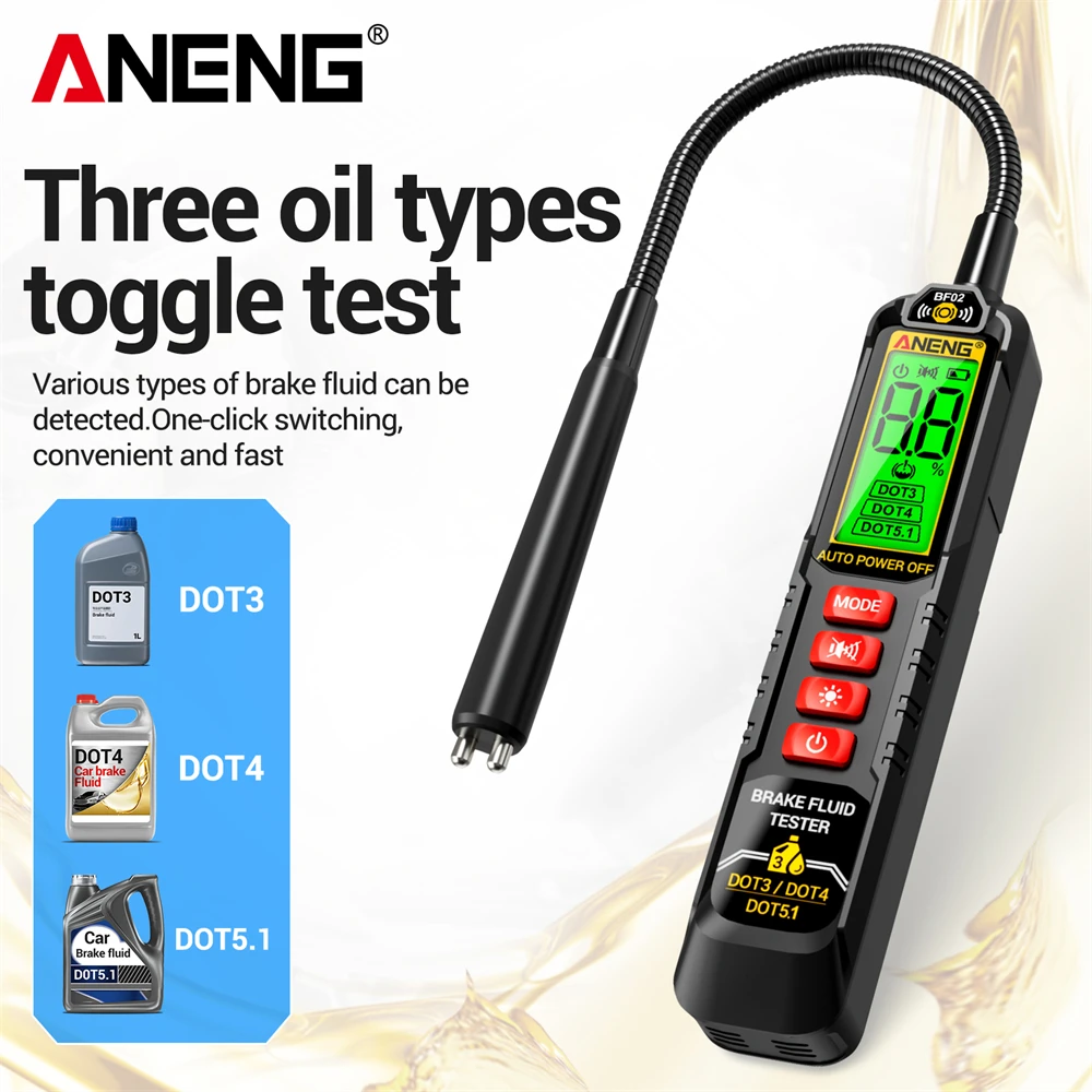 ANENG BF02 Car Brake Fluid Detector DOT3 DOT4 DOT5.1 USB Type‑C Rechargeable Metal Probe Backlight Screen Automotive Repair Tool