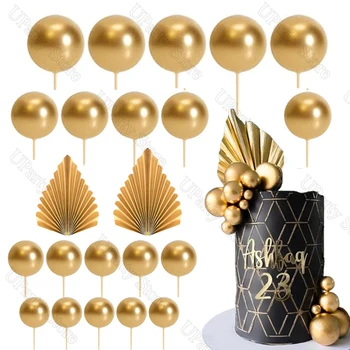 ลูกกลมสีทอง22ลูกของตกแต่งหน้าเค้กเค้ก2-4ซม. ตกแต่งหน้าเค้กใบไม้ทองสำหรับวันเกิดงานแต่งงานของเด็กทารกของตกแต่งเค้กคริสต์มาส