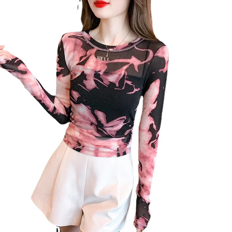 printed bright silk long sleeve short mesh t-shirt for women dis0