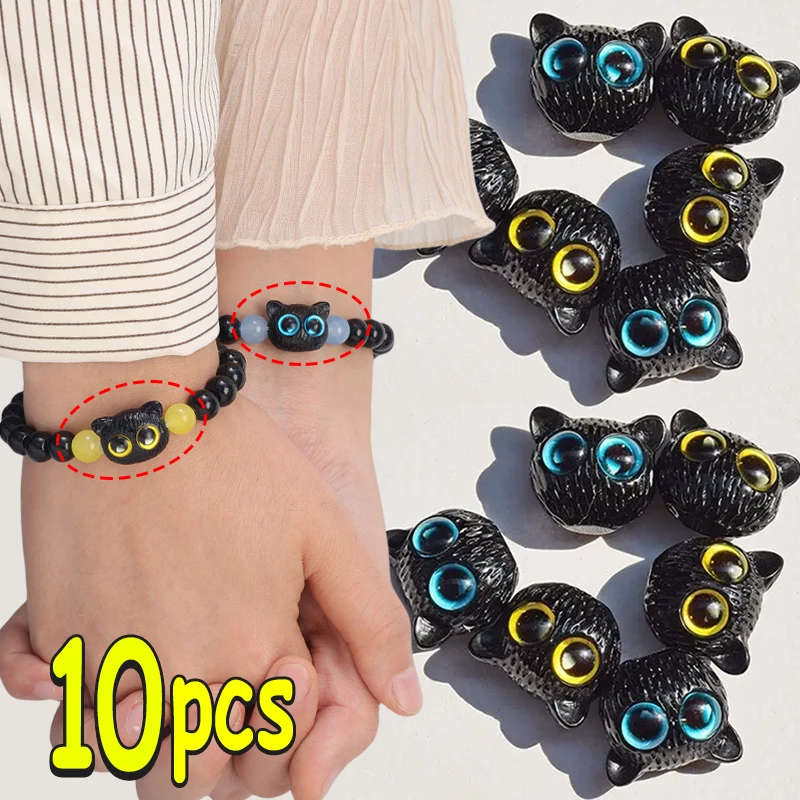 Big Eyed Cat Beads para Artesanato DIY, 3D Cat Head, Handmade Pulseira Material, Desenhos animados Design Acessórios, 10PCs