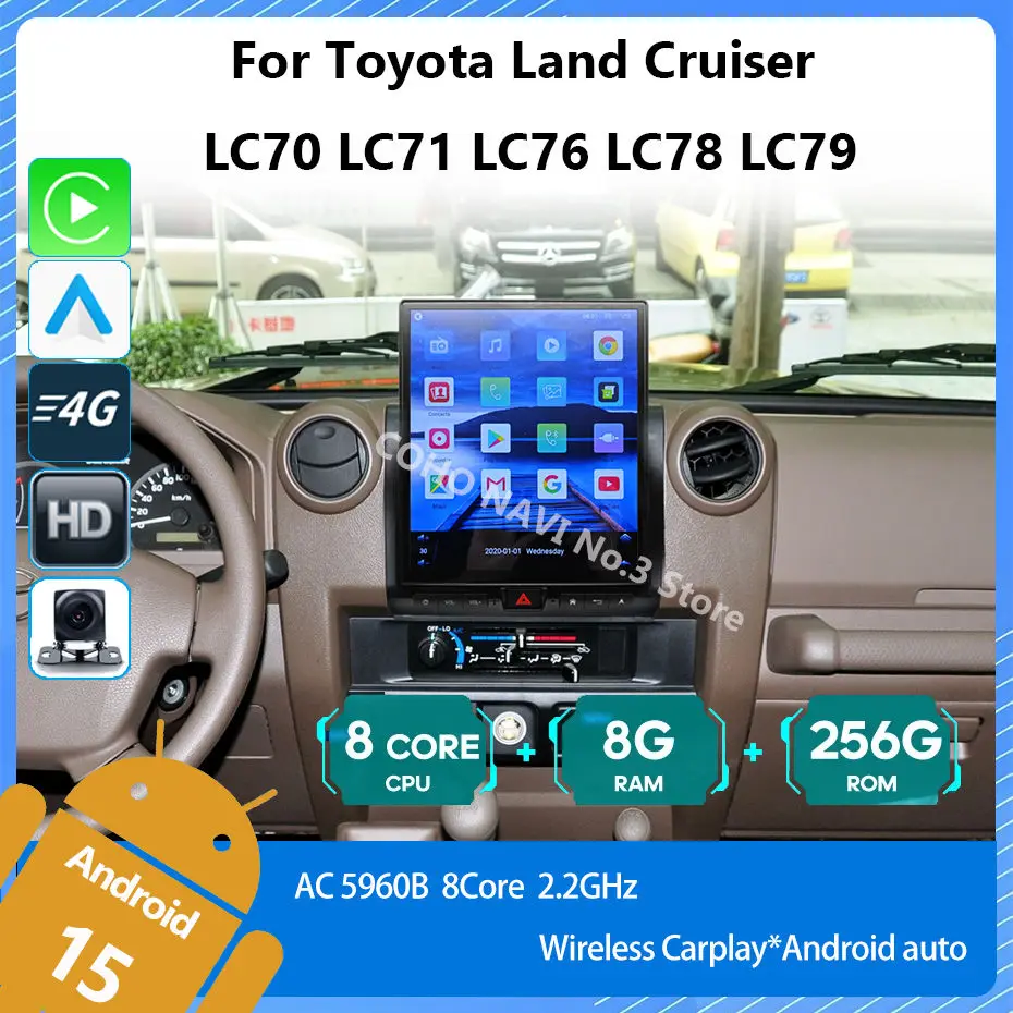Android 15 de 12 Pulgadas para Toyota Land Cruiser LC70 LC71 LC76 LC78 LC79, Navegación para Auto, CarPlay, Radio, Reproductor Multimedia, GPS, Mapa