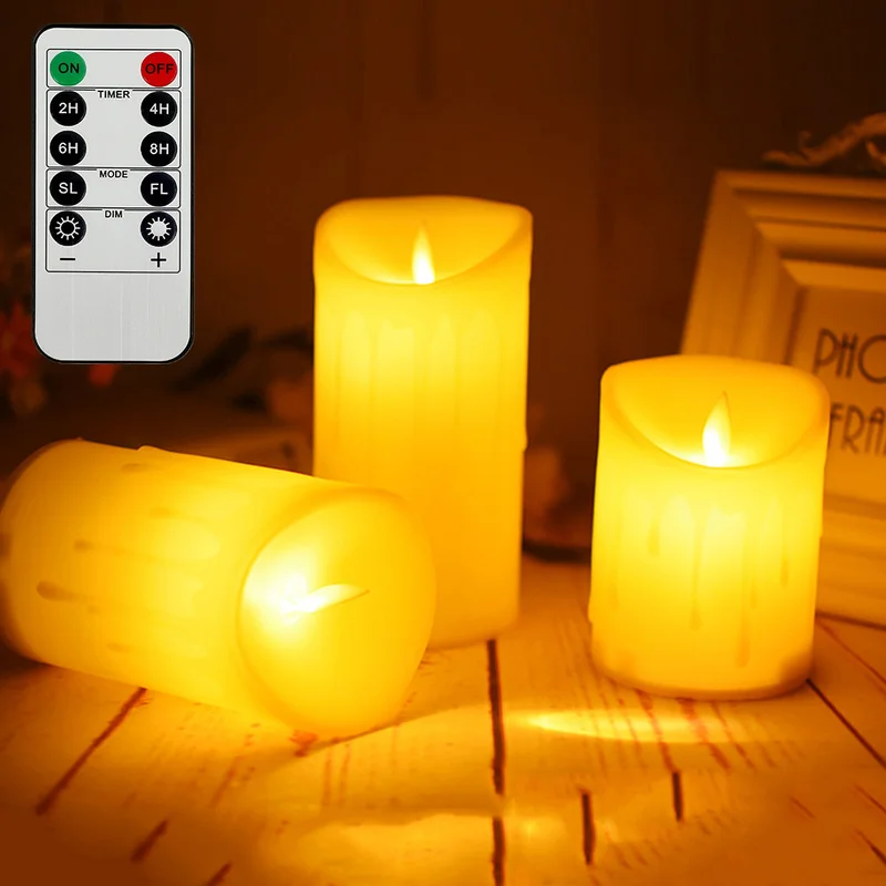 3 Pcs Flickering Flameless Pillar LED Candle with Remote Night Light Led Wax Light Easter Candle Wedding Decoration Lighting