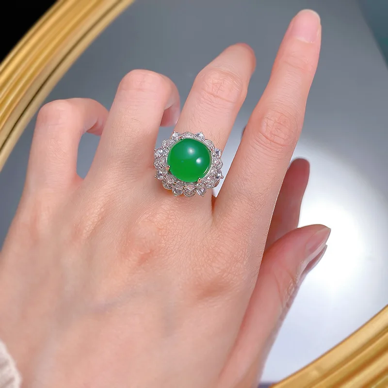 New S925 Silver Luxury Set High Ice Green Jade Chalcedony Style Big Egg Face 12mm Agate Ring