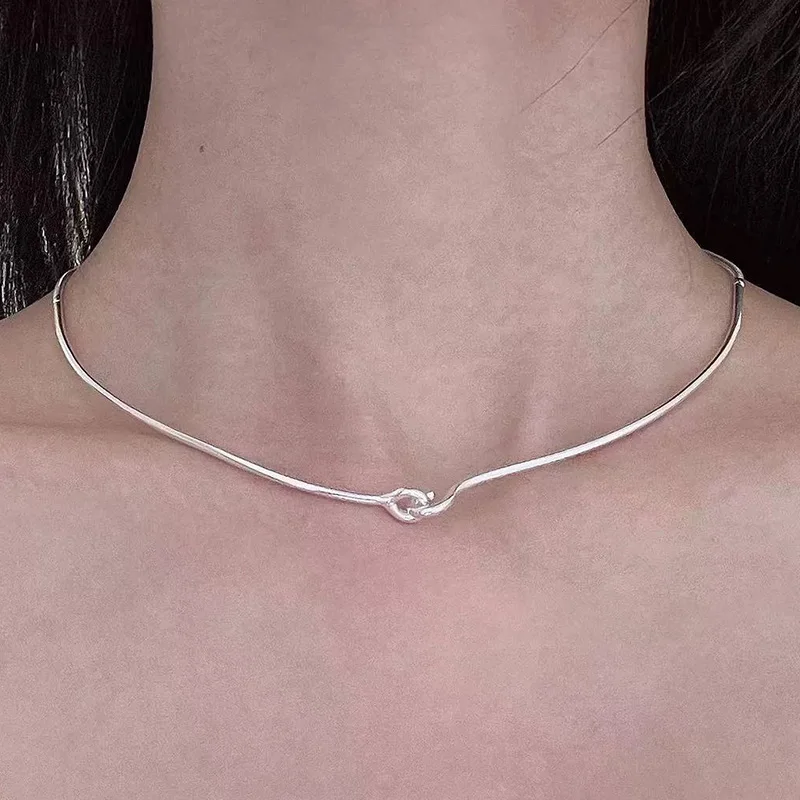 New 925 Silve Round Simple Torques Collar Snake Chain Choker Women's Necklace Simple Open Neck Metal Fine Jewelry Accessories
