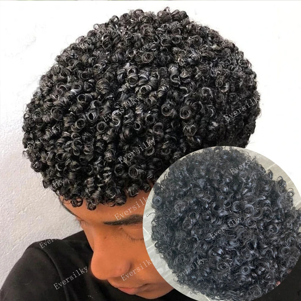 Men's Toupee 15mm Afro Kinky Curly Prosthesis African American Wig Super Durable Skin Full PU Real Human Hair System Hairpieces