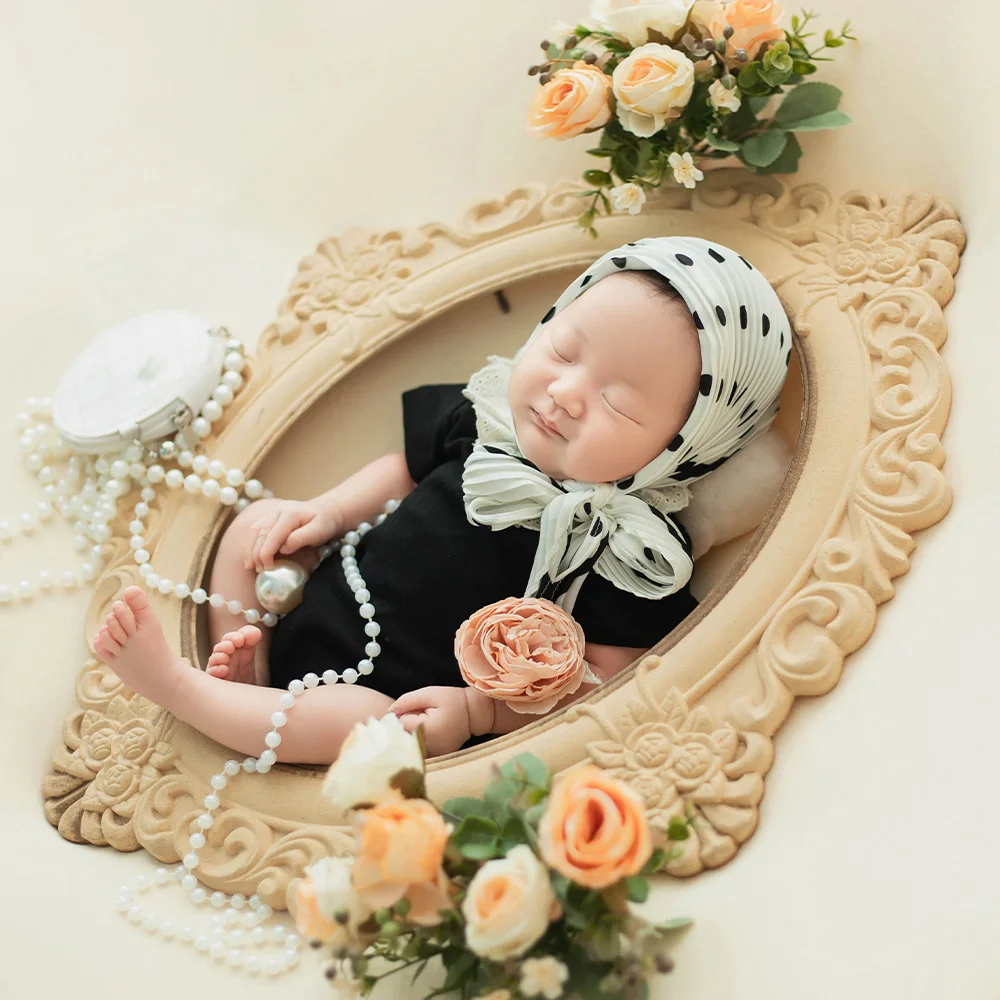 Soft Cotton Baby Bodysuit Polka Dot Headscarf Newborn Photography Outfit Set Pearl Bag Artificial Flower Photo Decoration Props