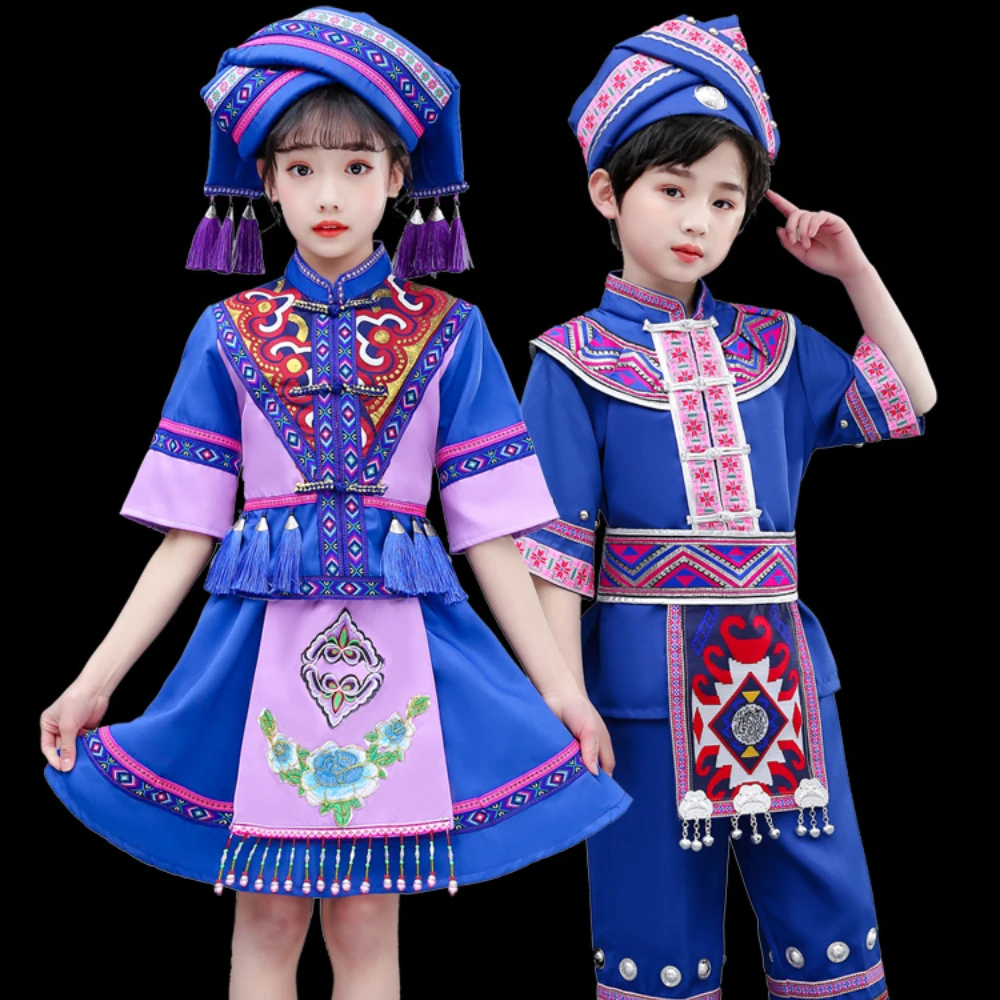 Children'sperformance dress Minority costumes Children Zhuang costumes Girl Tujia children's bamboo pole dance performance dress