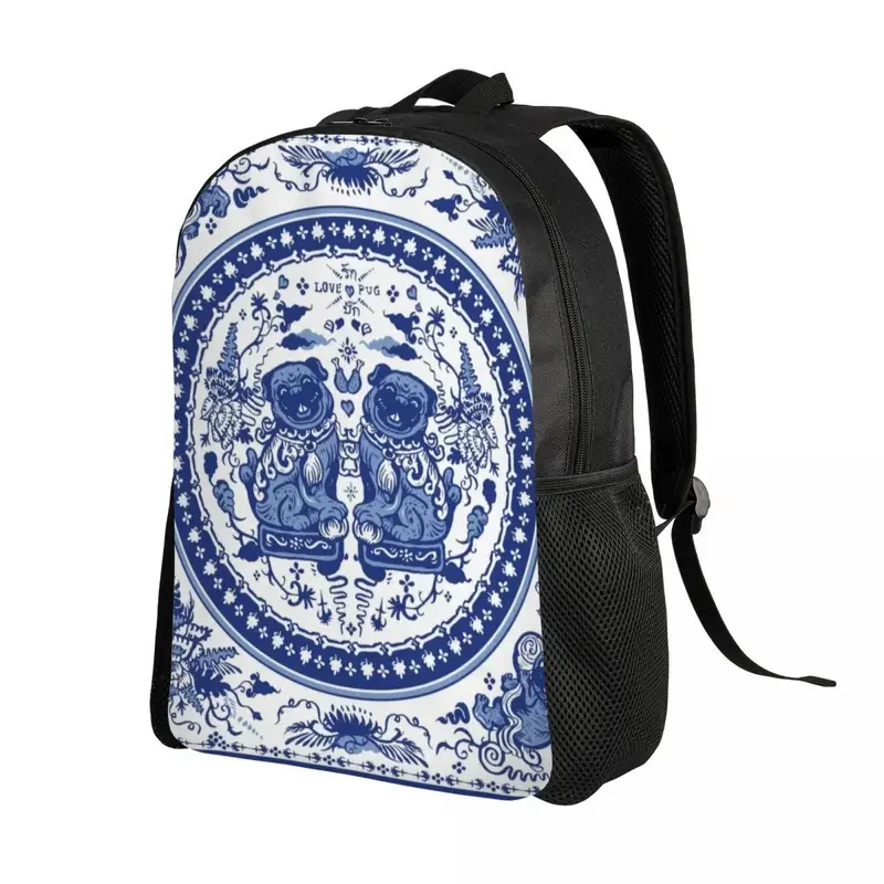 Mochila de porcelana para estudantes universitários, sacos de 15 "laptop, padrão chinês oriental, chinês Pugs