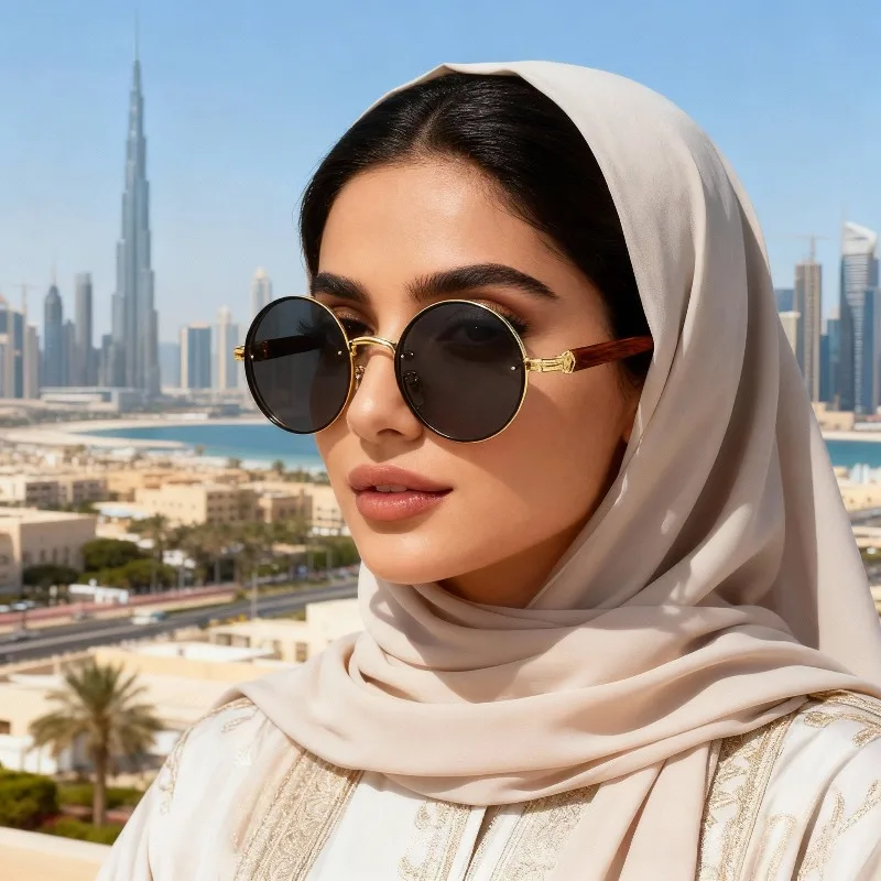 Retro-Sonnenbrille mit rundem Metallrahmen für Damen, europäische und amerikanische Holzmaserung-Sonnenbrille für Damen, UV-beständig und trendig