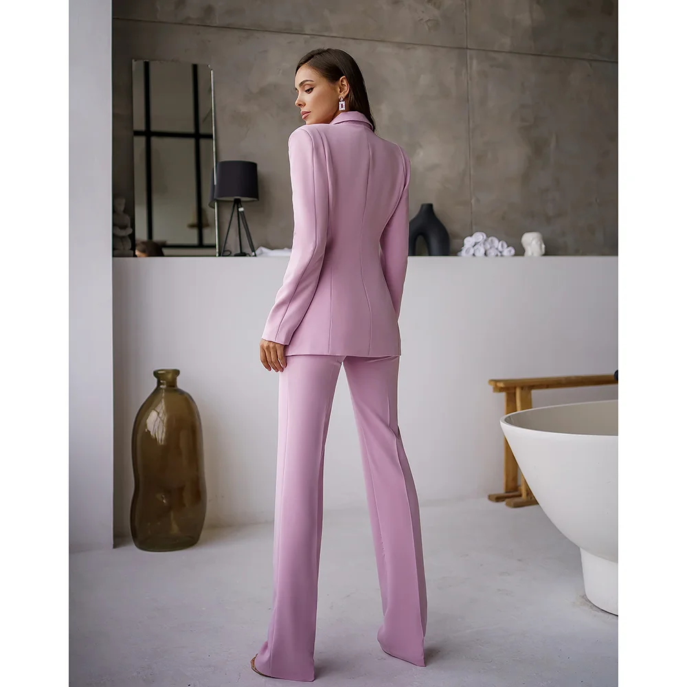 Elegant Pink Women Pants Sets Two Piece (Jacket+Pants) Fashion Peak Lapel One Button Solid Tuxedo Formal Chic Basic Female Suit