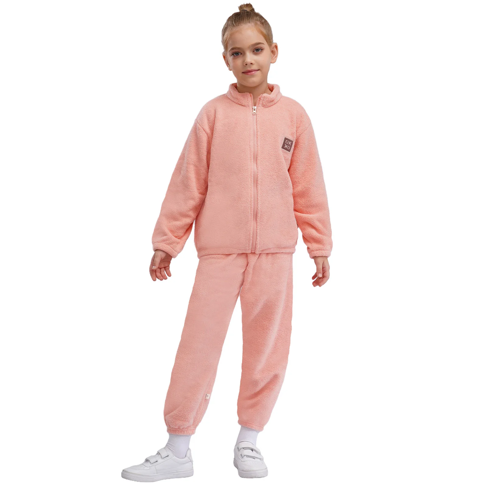 

Kids Girls Warm Fleece Pajamas Winter Homewear Loungewear Suits Long Sleeve Zipper Sweatshirt Jacket with Pants Thicken Set