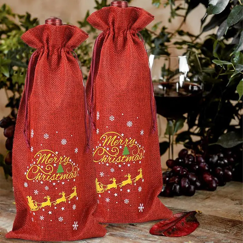 Fundas navideñas para botellas de vino, bolsas de 10 piezas con cordones, reutilizables, copos de nieve dorados para fiesta de viaje