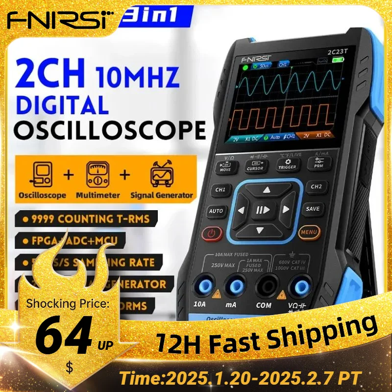 FNIRSI 2C23T Digital Oscilloscope Multimeter+ DDS Signal Generator 3-in-1 10MHz*2 50M Sample rate ACDC Voltage Diode 2MHz Output