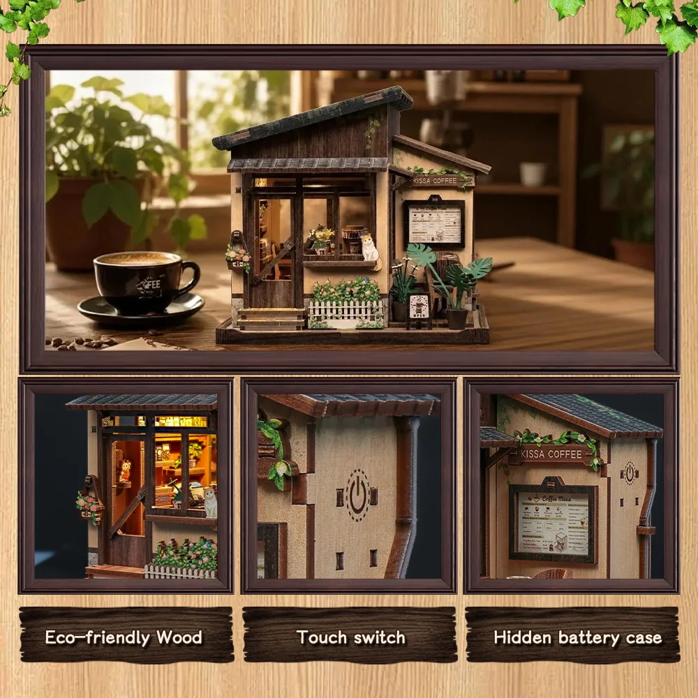 CUTEBEE Kissa Coffee Book Nook Kit 3D Wooden Puzzle Dollhouse with LED Light DIY Miniature House Model