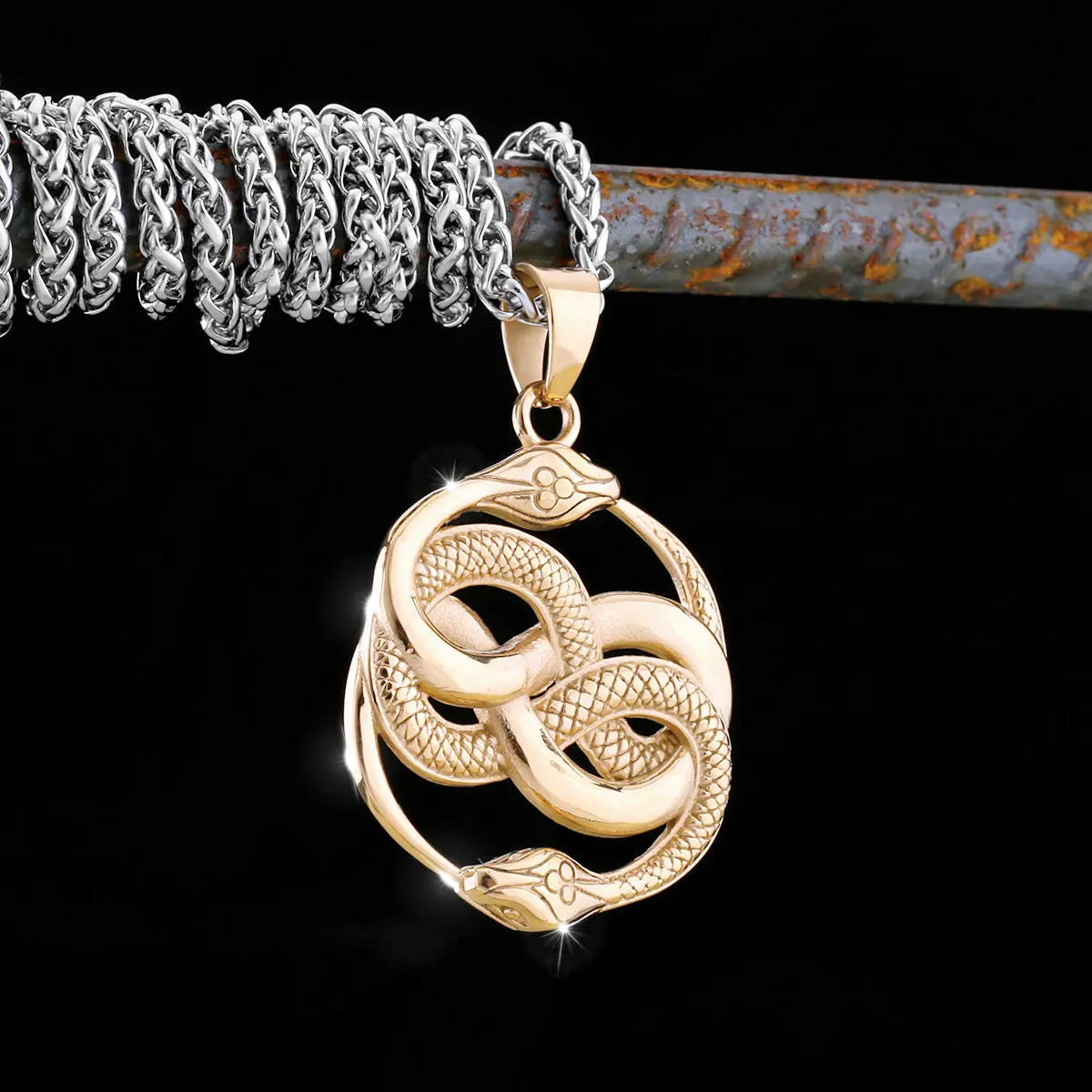 Vintage Creative Design Ouroboros Snake Viking Necklace Nordic Men Stainless Steel Double Snake Odin Pendant Amulet Jewelry New - view 6