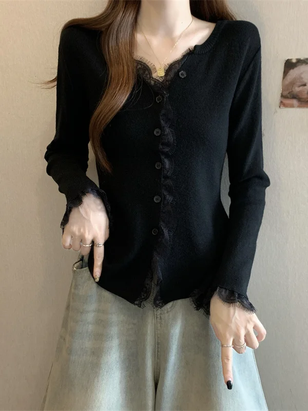 

Princess Style Long Sleeve V-Neck Lace Trim Bottoming Shirt Women plus Size Belly Concealing Slimming Knitted Top