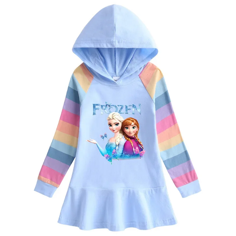 MINISO Frozen 2023 Autumn New Girls Dress Pure Cotton Children's Long Sleeve Skirt Cartoon Rainbow Hooded Sweatshirt Skirt