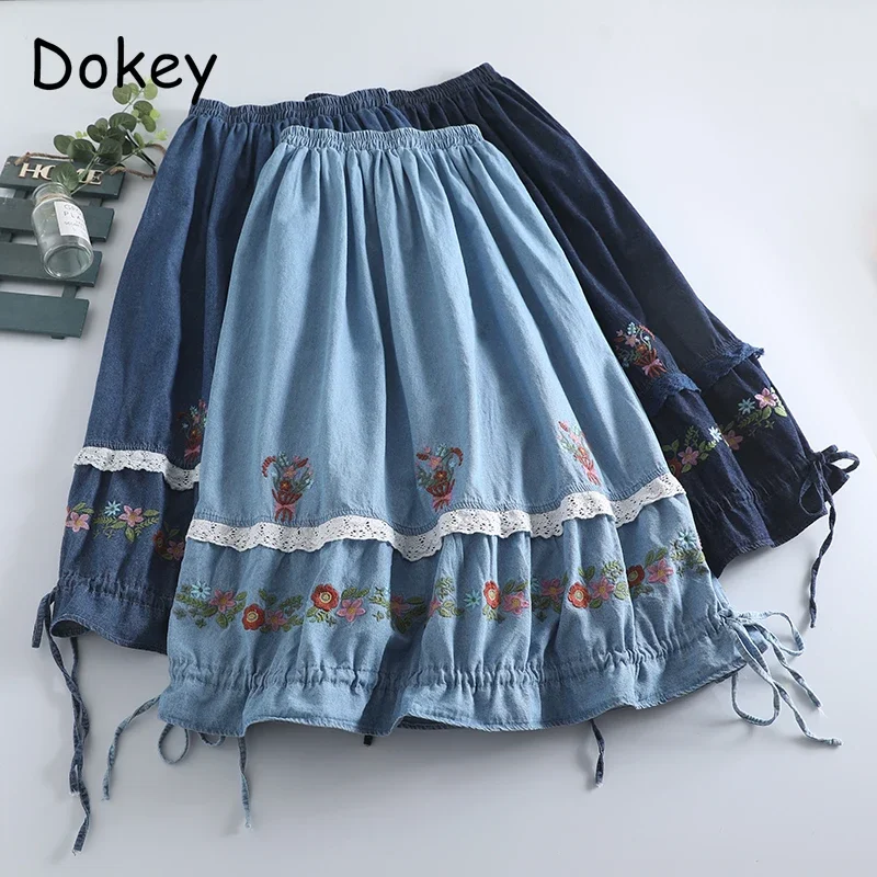 

Vintage Floral Embroidery Blue Denim Skirt Women Japanese Mori Girl Ruffle Lace-up A-Line Skirts Summer Casual Midi Faldas Mujer