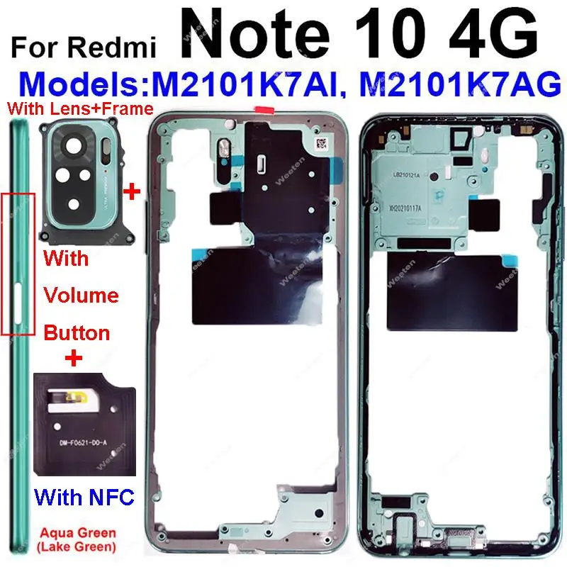 Middle Frame Housing For Xiaomi Redmi Note 10 Note 10S 4G Middle Frame Bezel Holder Cover with Side Buttons Camera Lens NFC Part