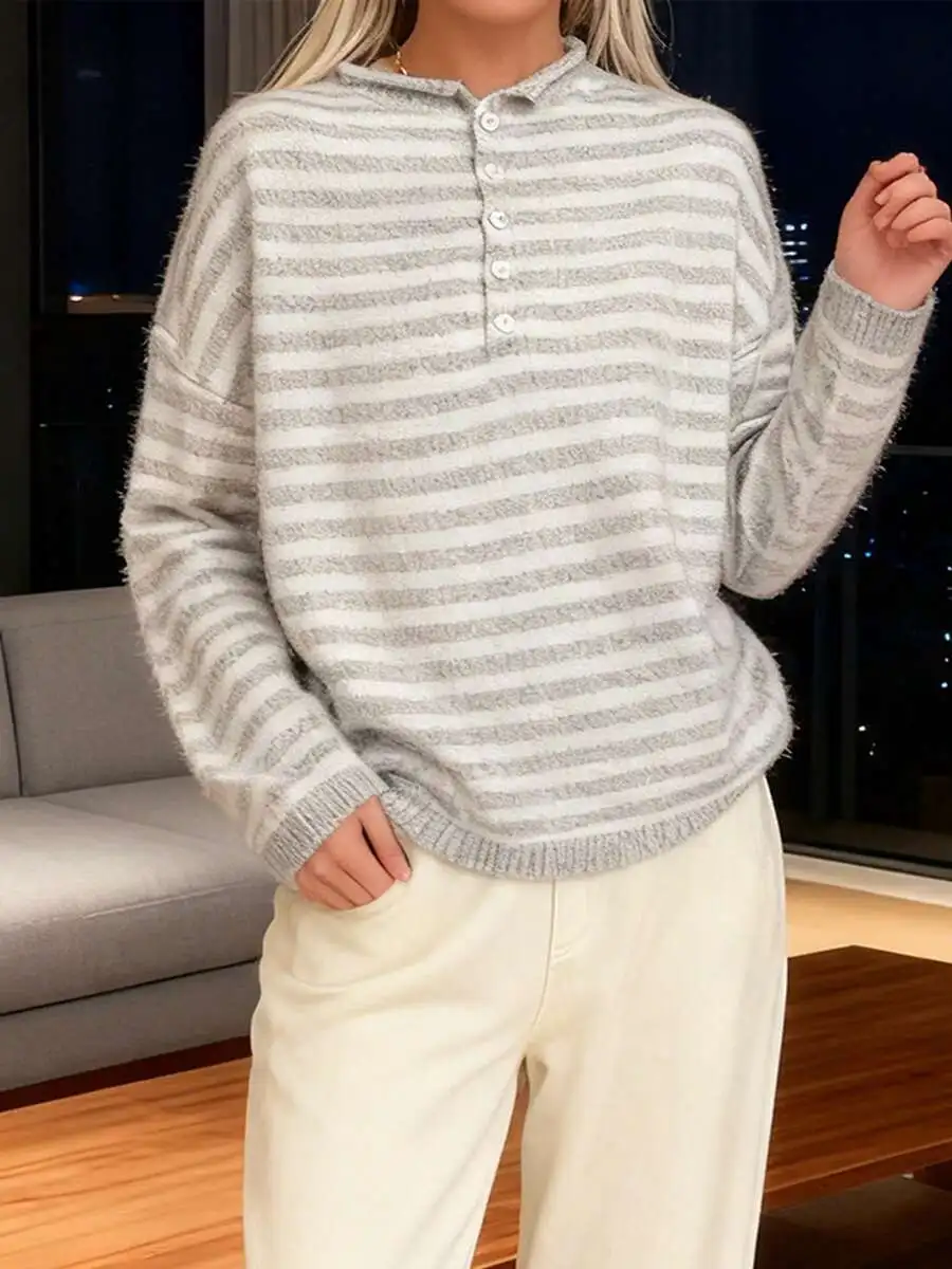 

Women Striped Knit Sweater Long Sleeve Button Closure Pullover Warm Fall Winter