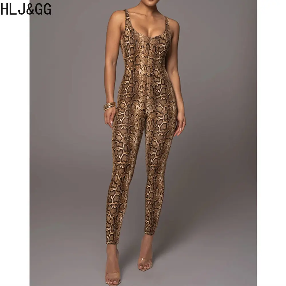 HLJ & GG مثير ليوبارد طباعة Bodycon حللا النساء رقيقة حزام الرقبة المستديرة سليم playsuit الإناث ملهى ليلي قطعة واحدة وزرة