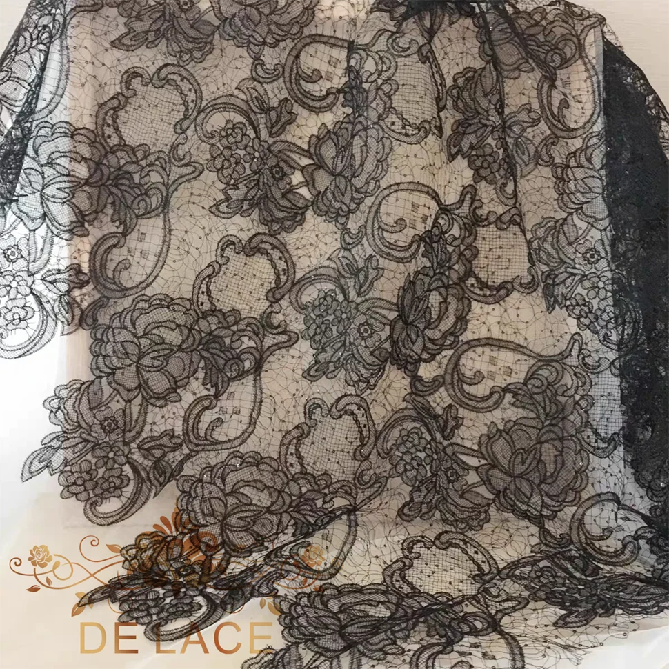 Tela de encaje bordado de hilo de seda de pescado francés de alta calidad con lentejuelas para vestido de novia