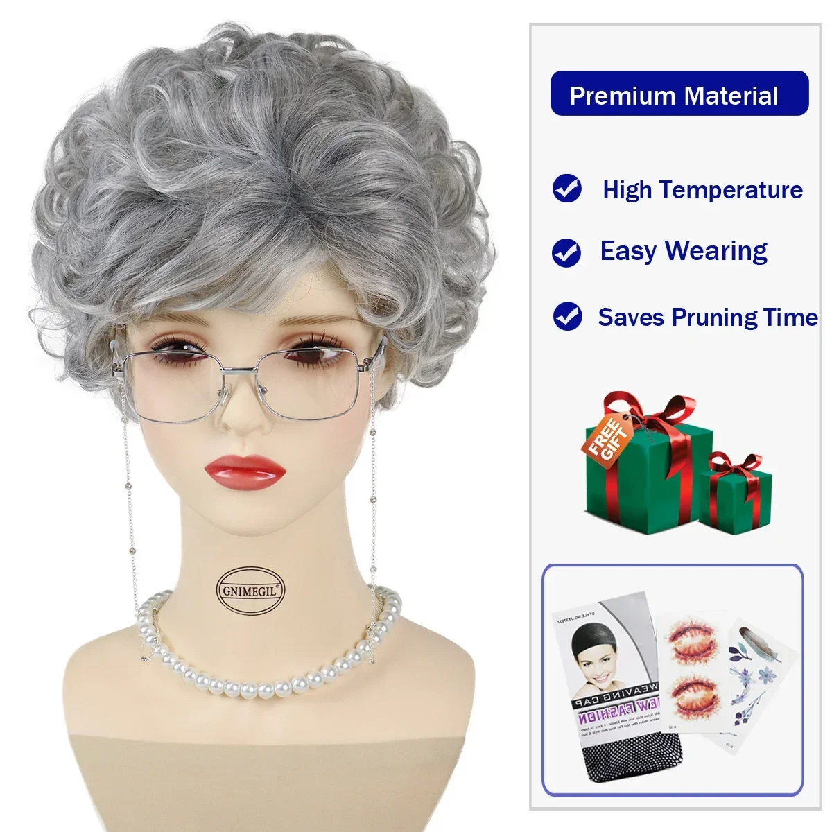 GNIMEGIL Peluca de dama vieja gris, gafas de abuela, collar de perlas, peluca de Cosplay de abuela para niños, Navidad, escuela, Día de Acción de