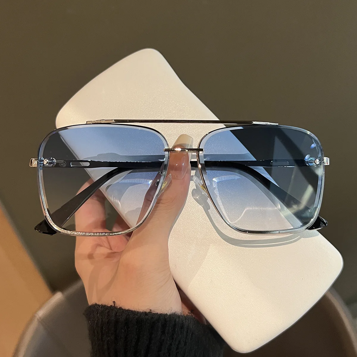 Retro-Sonnenbrille mit doppeltem Bügel, transparent, blau verlaufend, großer Rahmen, Unisex, Retro-Sonnenbrille, gesichtsformend, für den Außenbereich