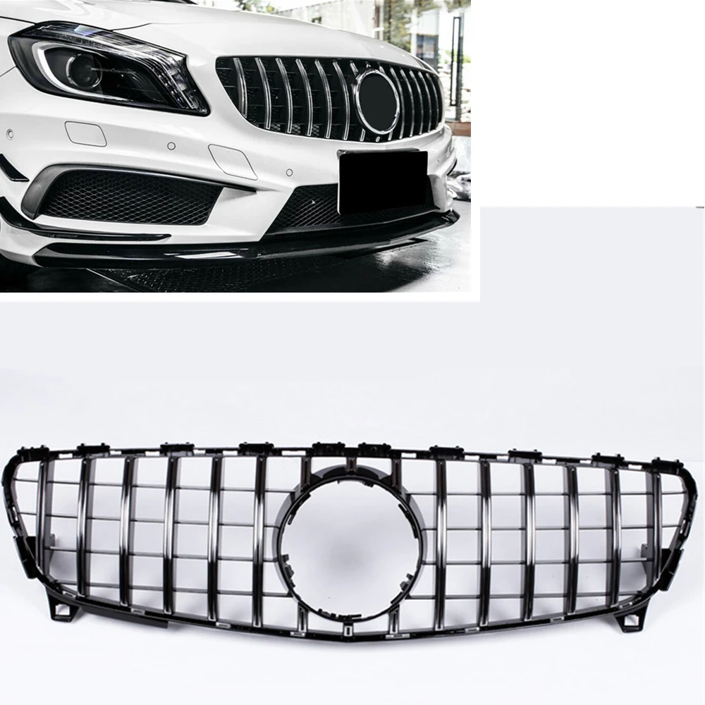 

For Mercedes Benz W176 2016-2018 A Class A180 A200 A250 A45 AMG Front Grille Silver/Black GT Style Upper Bumper Hood Mesh Grill