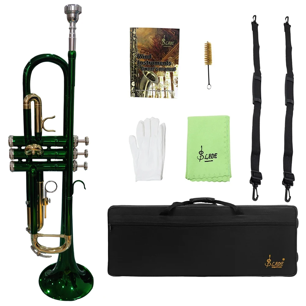 SLADE Bb B Flat Green Trumpet Colorful Gold Key Brass Trumpet with Mouthpiece Gloves Strap Pressure Valve Accessories