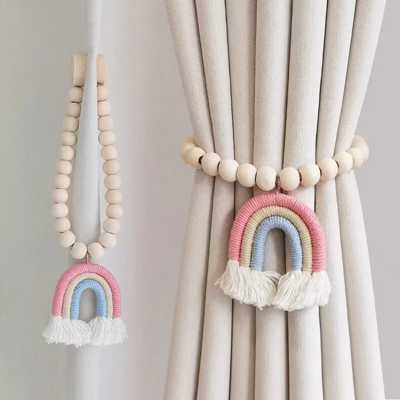 Curtain Binding No Punch Hand-woven Three-color Rainbow Log French Tassel Binding Tape Cotton and Linen Magnetic Buckle