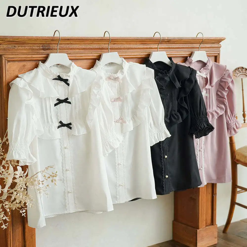 

Japanese Style New Exquisite Short Sleeve Sweet Shirt Solid Color Retro Heavy Industry Wooden Ear Bow Stand Collar Lolita Tops
