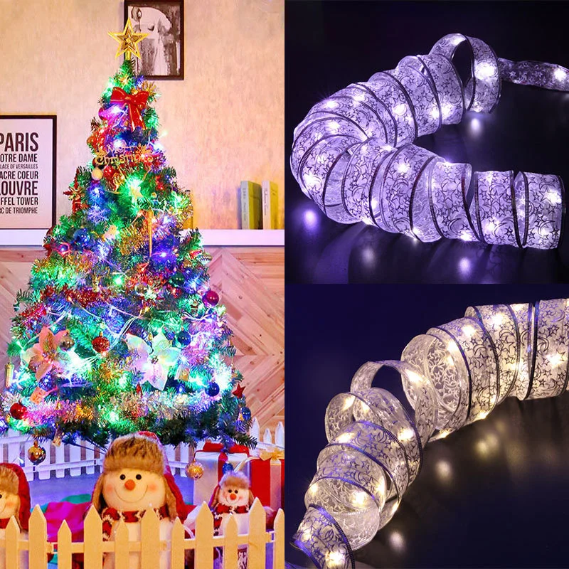 

Christmas Decoration LED Ribbon Lights Christmas Tree Ornaments DIY Lace Bows String Lights Navidad Home Decors New Year 2022 MJ