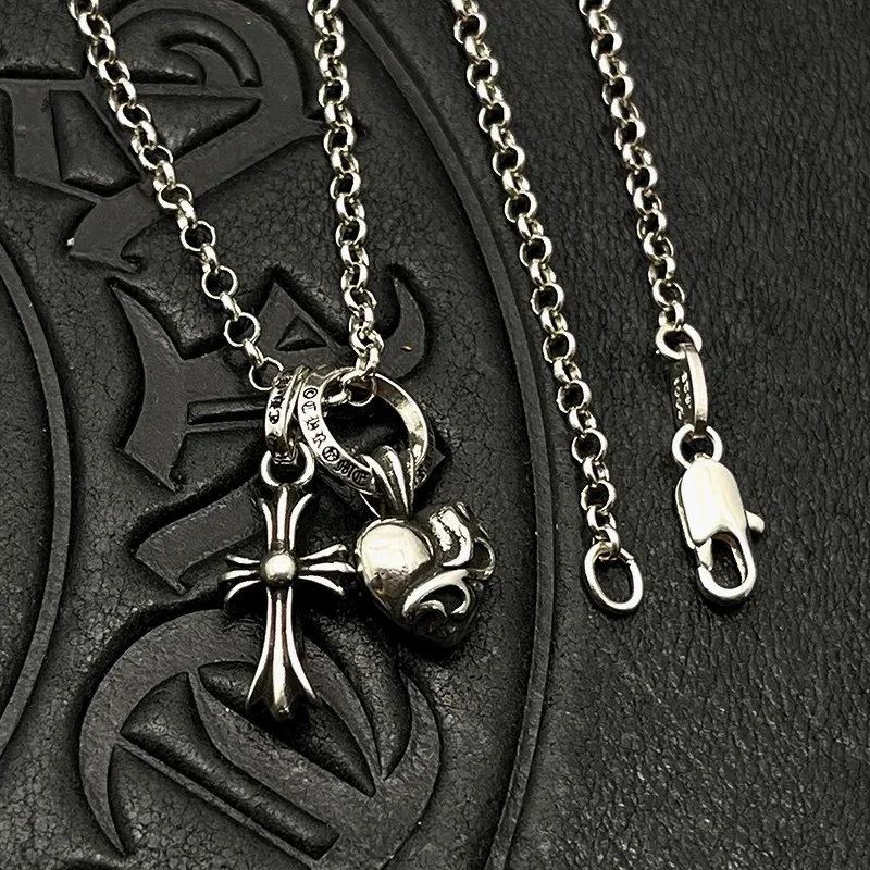 

S925 sterling silver trendy retro old cross peach heart double pendant necklace high-end autumn and winter