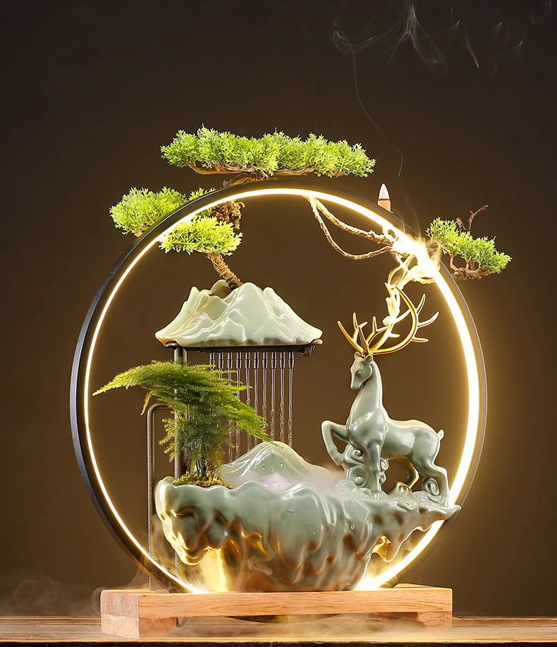 Creative Indoor Simulation Resin Rockery Waterscape Feng Shui Water Fountain Home Office Desktop Spray Humid Decoration Crafts