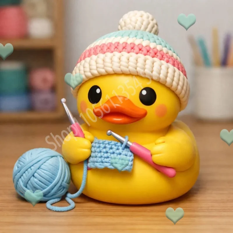 Cute Crochet Duck Figurine, Handmade Knitting Duck Resin Decor Desk Mini Resin Sculpture Mini Unique Gift for Knitters
