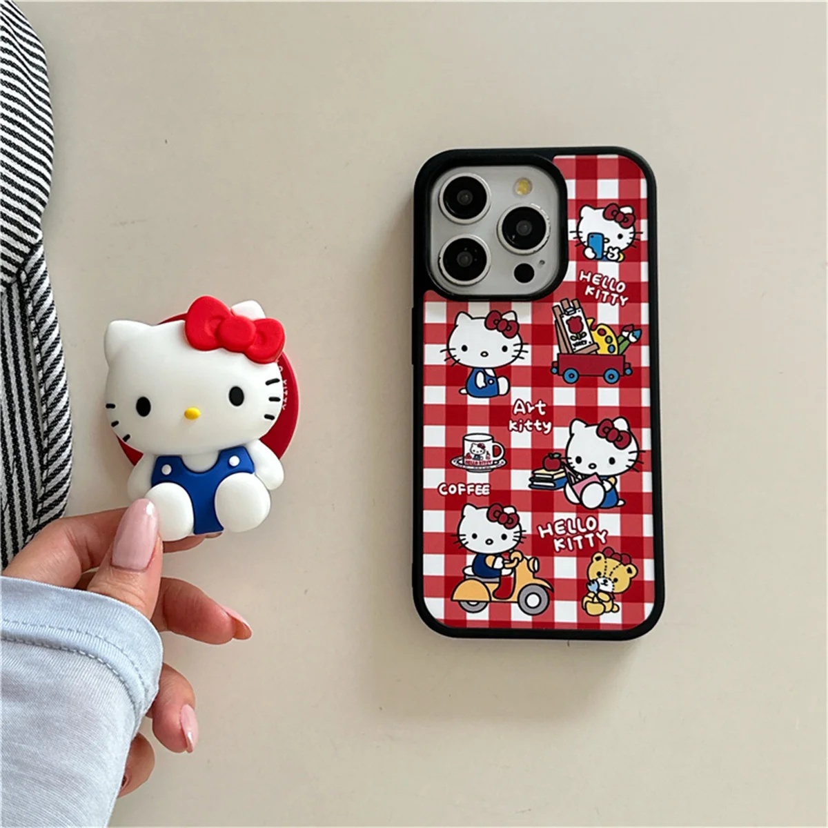 Casing Ponsel Magnetik Pola Kotak-kotak Kucing Lucu Fashion untuk iPhone 16 Pro 13 14 15 Pro Max Penutup Belakang dengan Dudukan untuk Magsafe