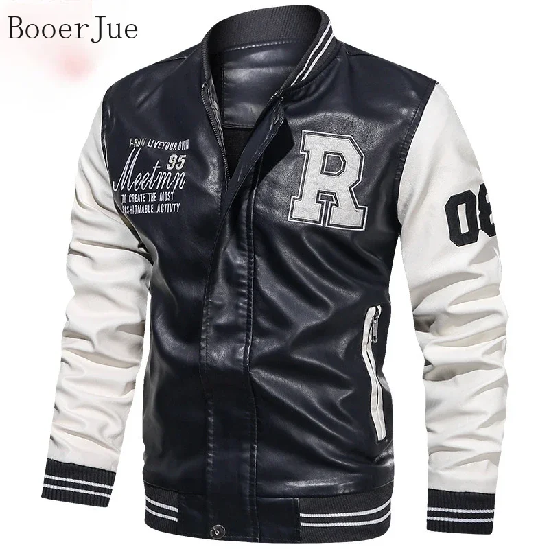2026 New Men's Slim Fit Baseball Bomber Jacket, Stand Collar PU Leather Zipper Coat Jaquetas De Motocicleta for Men Military