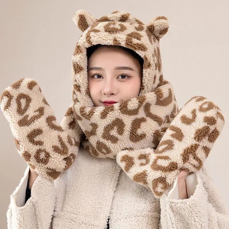 Autumn and Winter Hat Female All-Match and Cute Warm Leopard Print Thickened Winter Hat Scarf Gloves Three Pieces One-Piece Hat