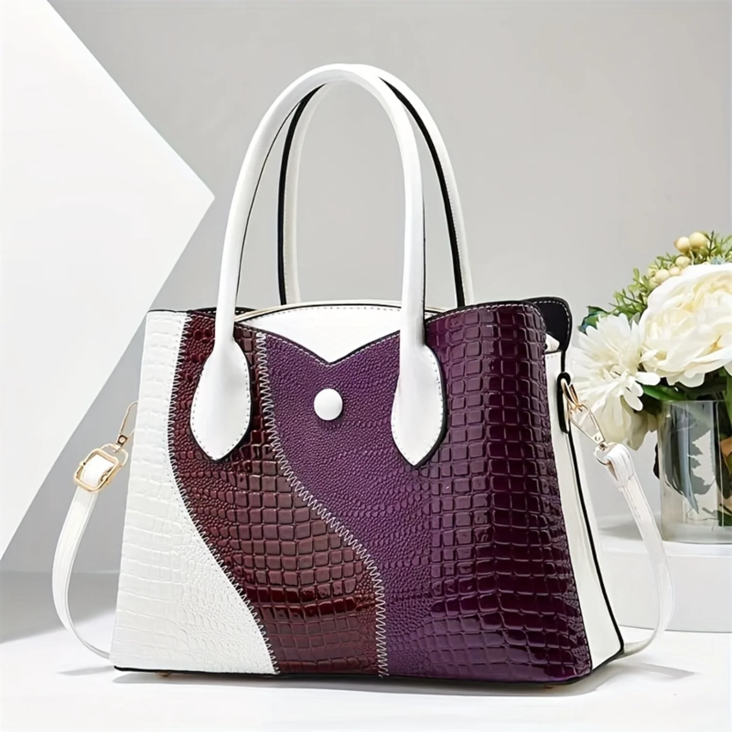 Women's Large Capacity Color Block Handbag, Fashionable Crocodile Pattern Tote Bag, Versatile Shoulder & Crossbody Bag