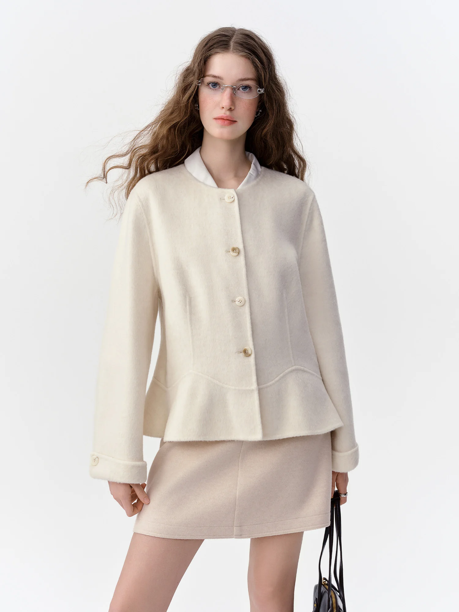 DUSHU 2026 Winter Women's Two-Tone Double-Faced Wool Coat with Ruffled Hem - Elegant Chic Versatile Outerwear for Daily Wear