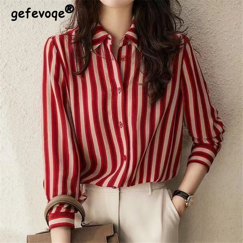 Vintage Classic Elegant Chic Red Striped Long Sleeve Office Lady Button Up Shirts Loose Commute Tops Blouses for Women Clothing