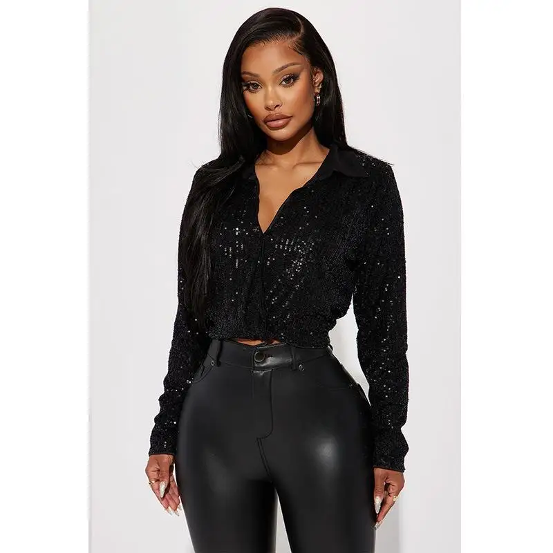 Beaded Sequined Long Sve Women's Top Ele European Sle irt Polyester Fiber Non-Sinking Spandex Blend Winter Colle...