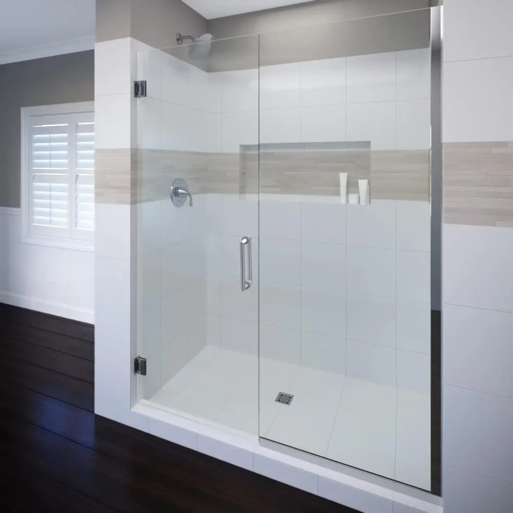 

76" High x 46" Wide Hinged Frameless Shower Door with Clear Glass - Brushed Nickel